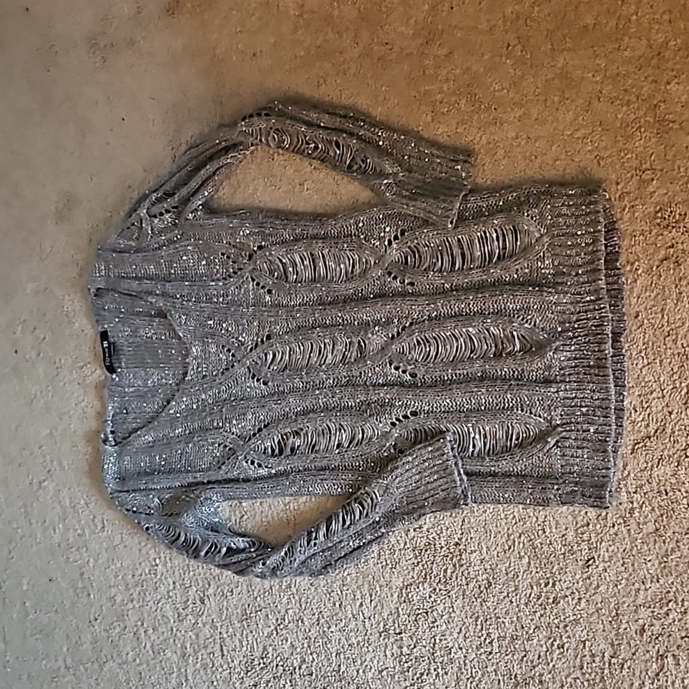 Forever 21 grey tunic sweater glitter rhinestones size medium distressed grey